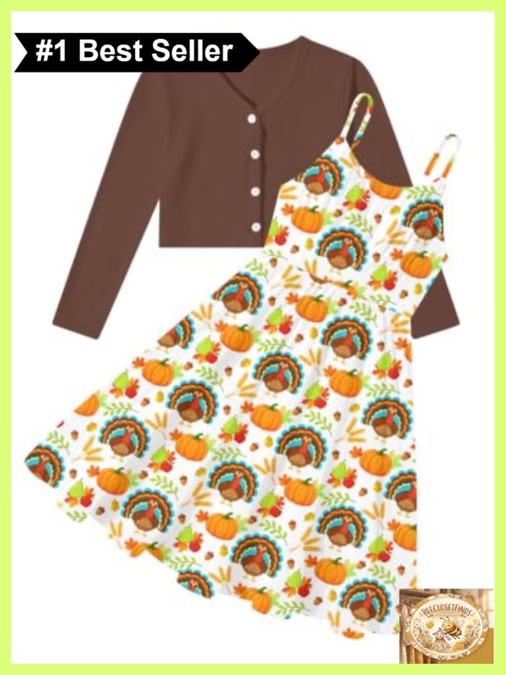 Girls 2-Piece Dress Set with Cardigan Adjustable Strap Casual